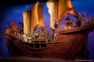 30,000 pound ship "sails" the stage and breaks up during the storm.