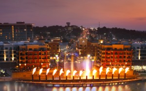 The Branson Landing Fountain fire cannons lighting up the Lake Taneycomo Lakefront.