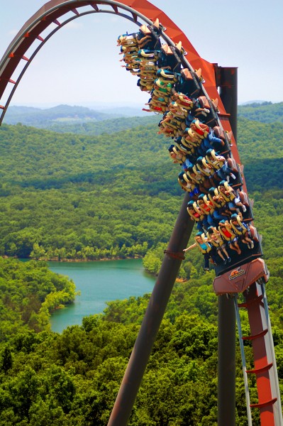 The green of spring and Table Rock Lake provide a magnificent sight for riders on Silver Dollar City's "WidFire" coaster. 