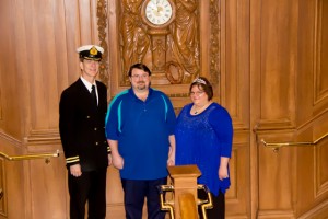 Edward and Stacy Gilmore, on the Grand Staricase with 1st Officer Steve Patterson who "officiated", after renewing their vows in celebration of their 15th wedding anniversary.