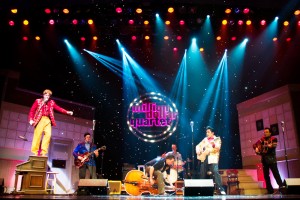 The Million Dollar Quartet,  David Brooks as Jerry Lee Lewis, left, on the piano; Brad Waters as "Carl Perkins;" Austin Wilson as "Jay Perkins," the bass player; Tyler K. Hunter as "Elvis Presley;" and Cliff Wright as "Johnny Cash"