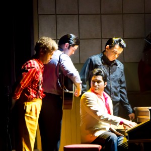 Replication of  "The Picture" taken near the end of the 1956 Jam session with David Brooks as Jerry Lee Lewis, left, ,Brad Waters as Carl Perkins, Cliff Wright as Johnny Cash, and Tyler K. Hunter as Elvis Presley. 