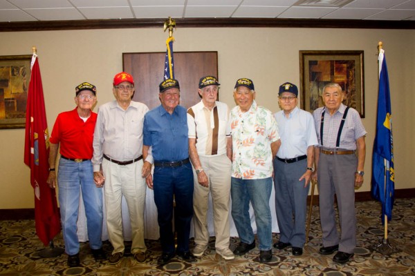 Crew members of the U.S.S Sante Fe attending its 70th Annual Reunion, ictured from left to right, with ages in parens, are Richard Champagne, 91; Clifford Hamilton, 89, Ivan Cannon, 89, Robert Hazelwood, 92, Stephen Wong, 92; Charles Bright, 89; and Steve Downing Jr., 90.