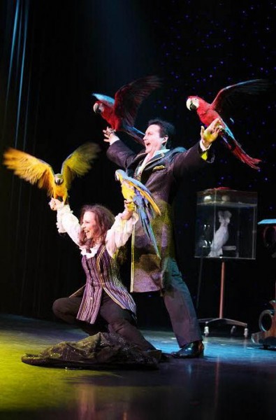 Dave and Denise Hamner with some of their winged friends during their astonishing bird illusion.