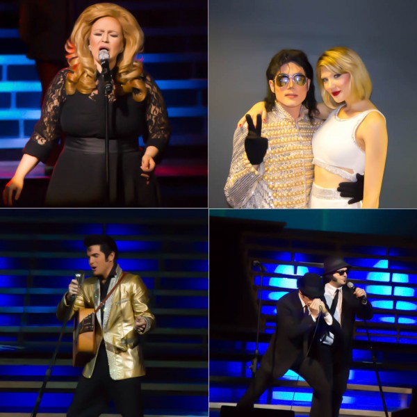 JC Brando as "Adele," top right, Michael Knight and Elizabeth Scarborough as "Michael Jackson" and "Taylor Swift, "Dean Z as "Elvis "and Chance Havens and Danny Zeligman as the "Blues Brothers."