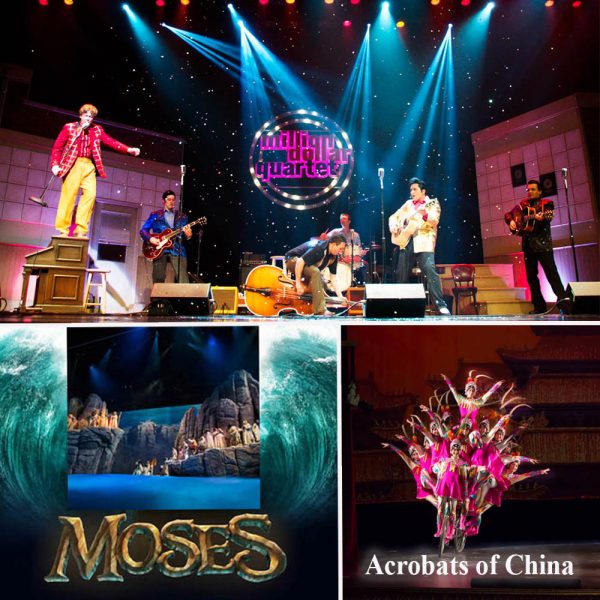 The Million Dollar Quartet, Moses, and Acrobats of China illustrate the diversity of Branson's shows.Branson's many non-country music shows