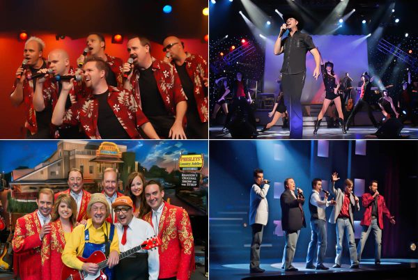 Four of the many Branson shows that will be open over the Thanksgiving Day Weekend, SIX, top left, Clay Cooper's Country Music Express, Presleys' Country Jubilee, and It Starring the Hughes Brothers.