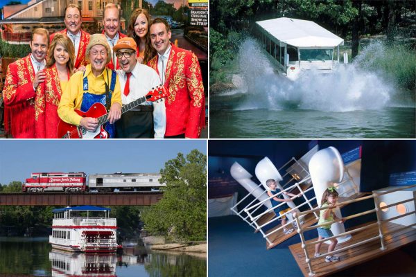 Just a few of the many exciting ways to have family friendly fun in Branson, Presleys' Country Jubilee, Ride the Ducks, Branson Scenic Railway, Lake Queen, and interactive fun aboard the Titanic Museum Attraction.