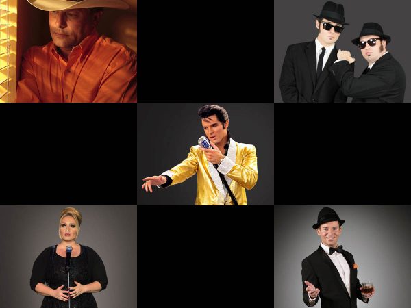 Legends in Concert's George Strait, upper left, Blues Brothers, Elvis, Adele, and Frank Sinatra